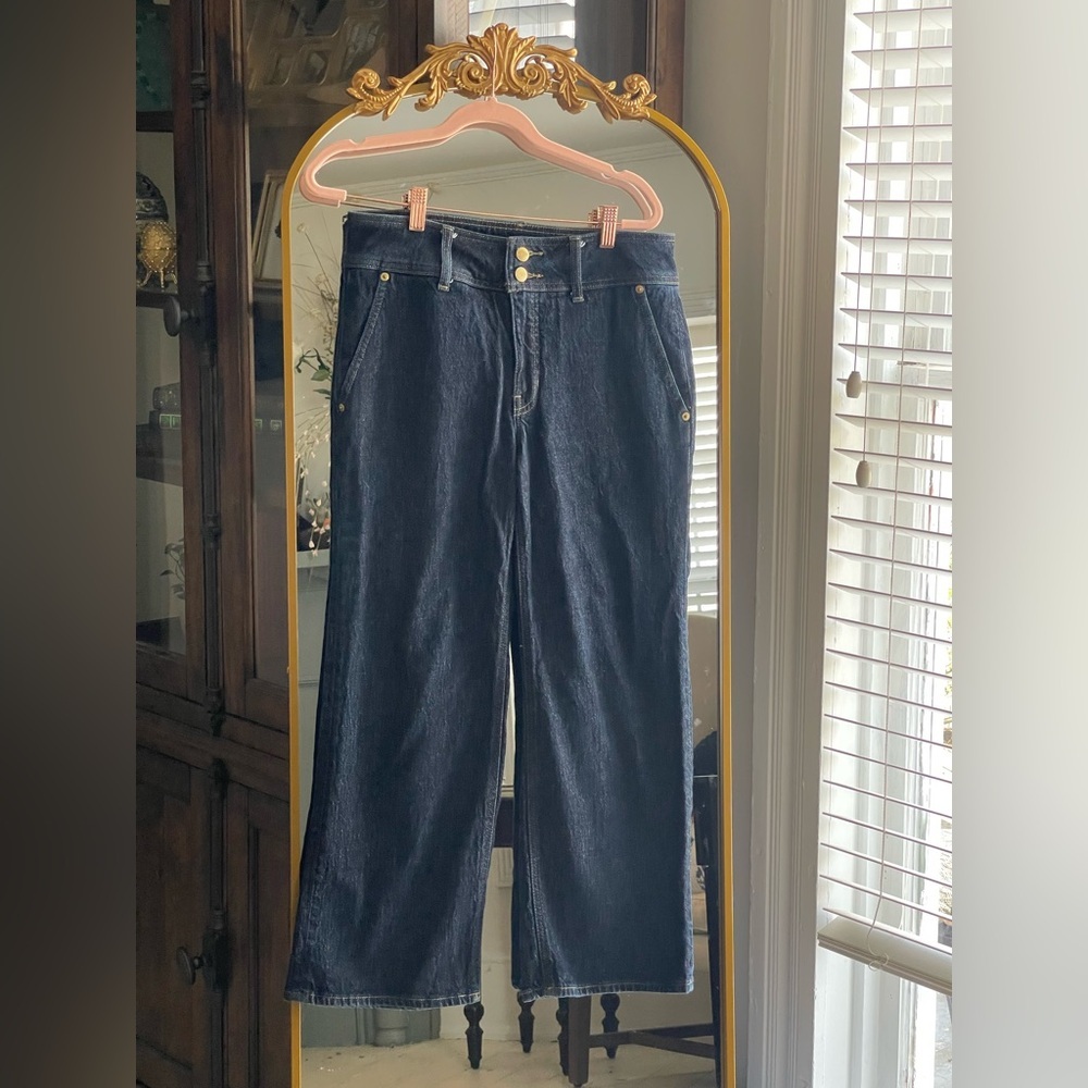 J Crew Slim-wide dark denim wash jean with stacked buttons